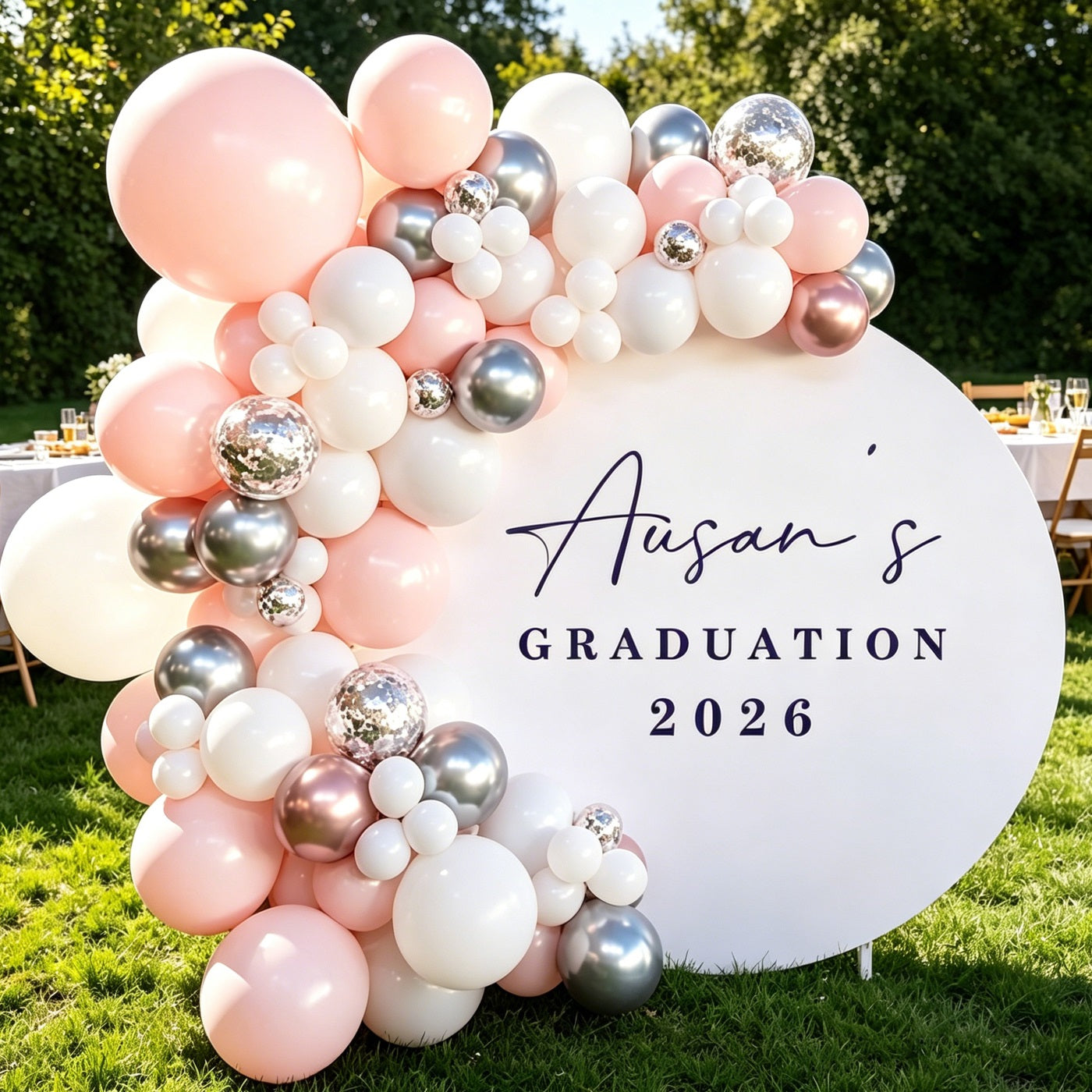 Personalized Graduation Round Backdrop White Navy 2026 Script Custom Graduation Round Backdrop LXX64-38