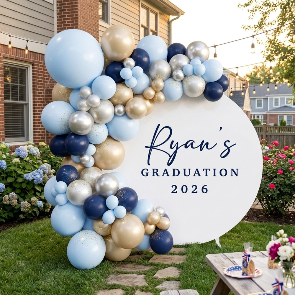 Round Shape Graduation Background Personalized Graduation Round Backdrop White Navy 2026 Text Custom Gra