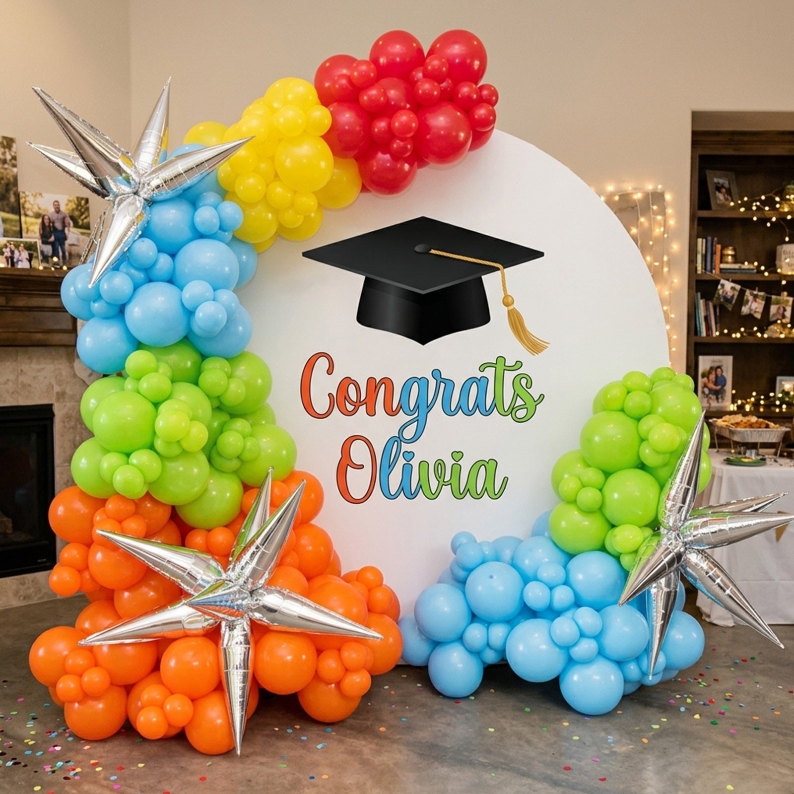 Custom Graduation Round Backdrop White Colorful Text Cap Personalized Graduation Round Backdrop LXX64-40
