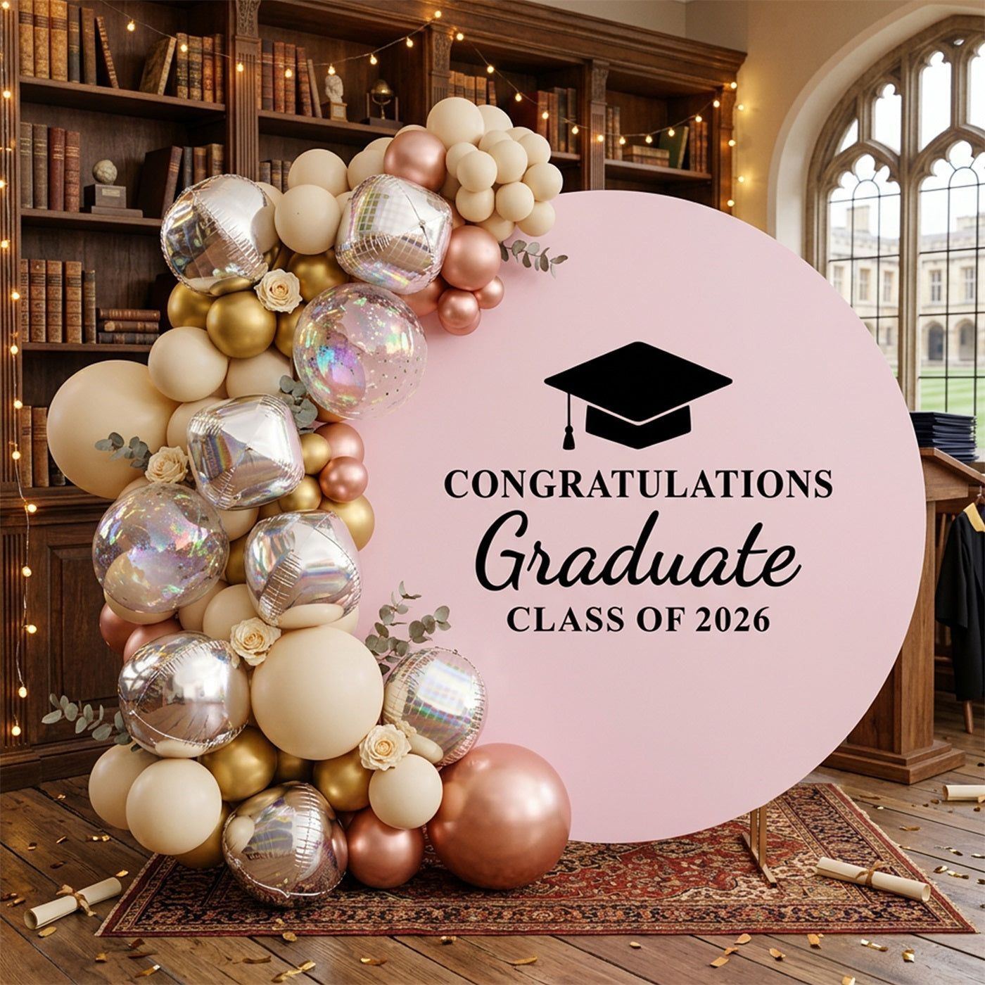 Graduation Round Backdrop With Name Pink Black 2026 Graduate Personali