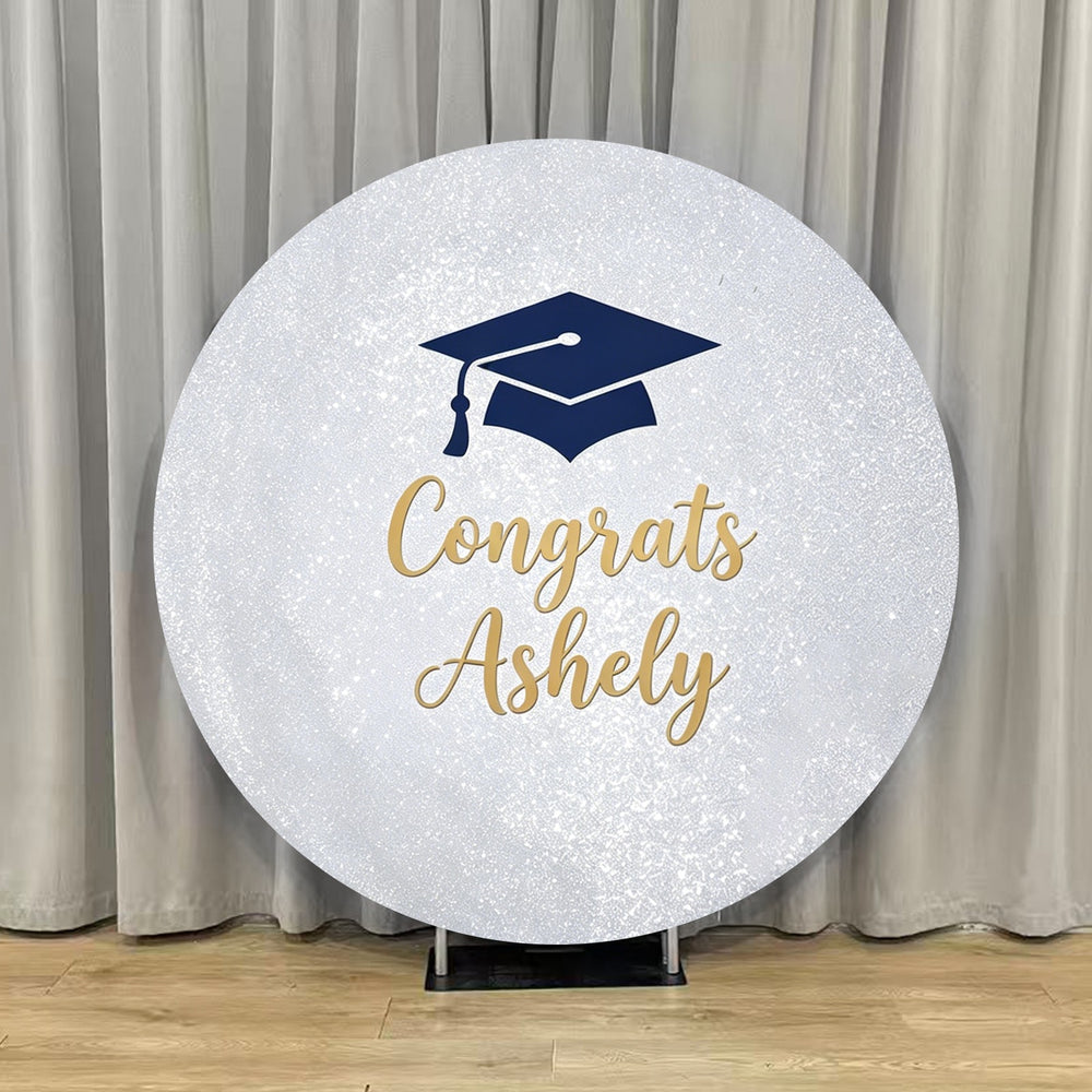 Graduation Round Photo Booth Backdrop Silver Glitter Gold Text Cap Rou