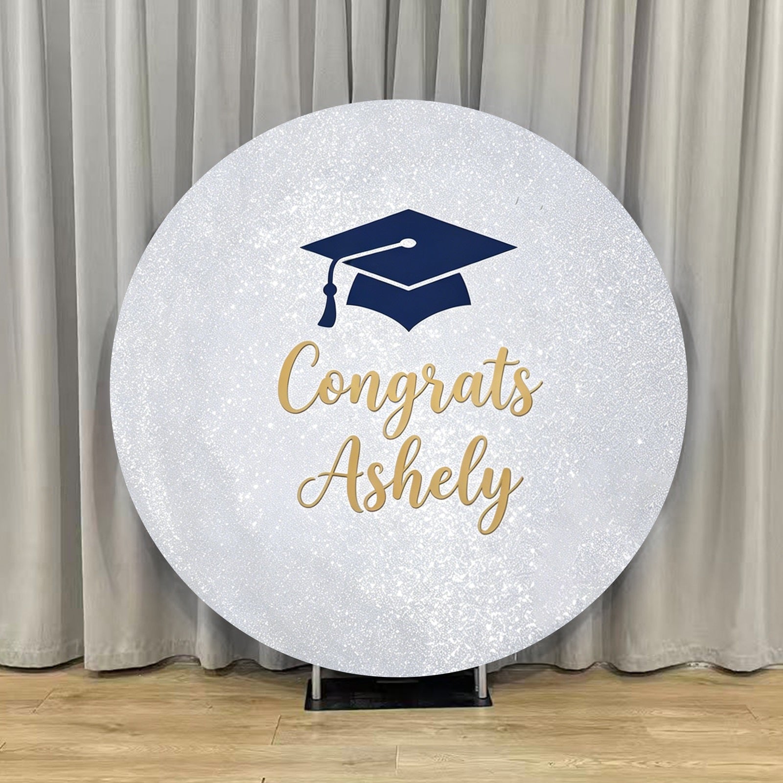 Graduation Round Photo Booth Backdrop Silver Glitter Gold Text Cap Round Graduation Photo Backdrop LXX64-45