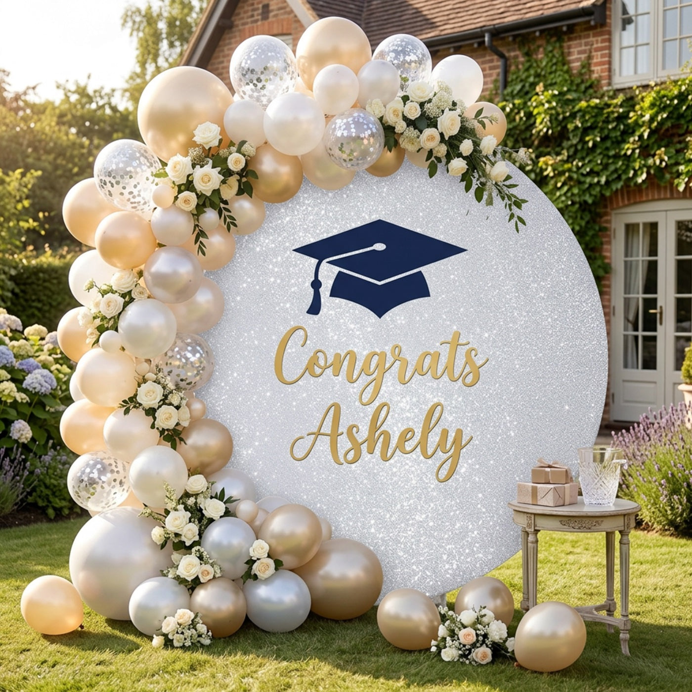 Graduation Round Photo Booth Backdrop Silver Glitter Gold Text Cap Rou