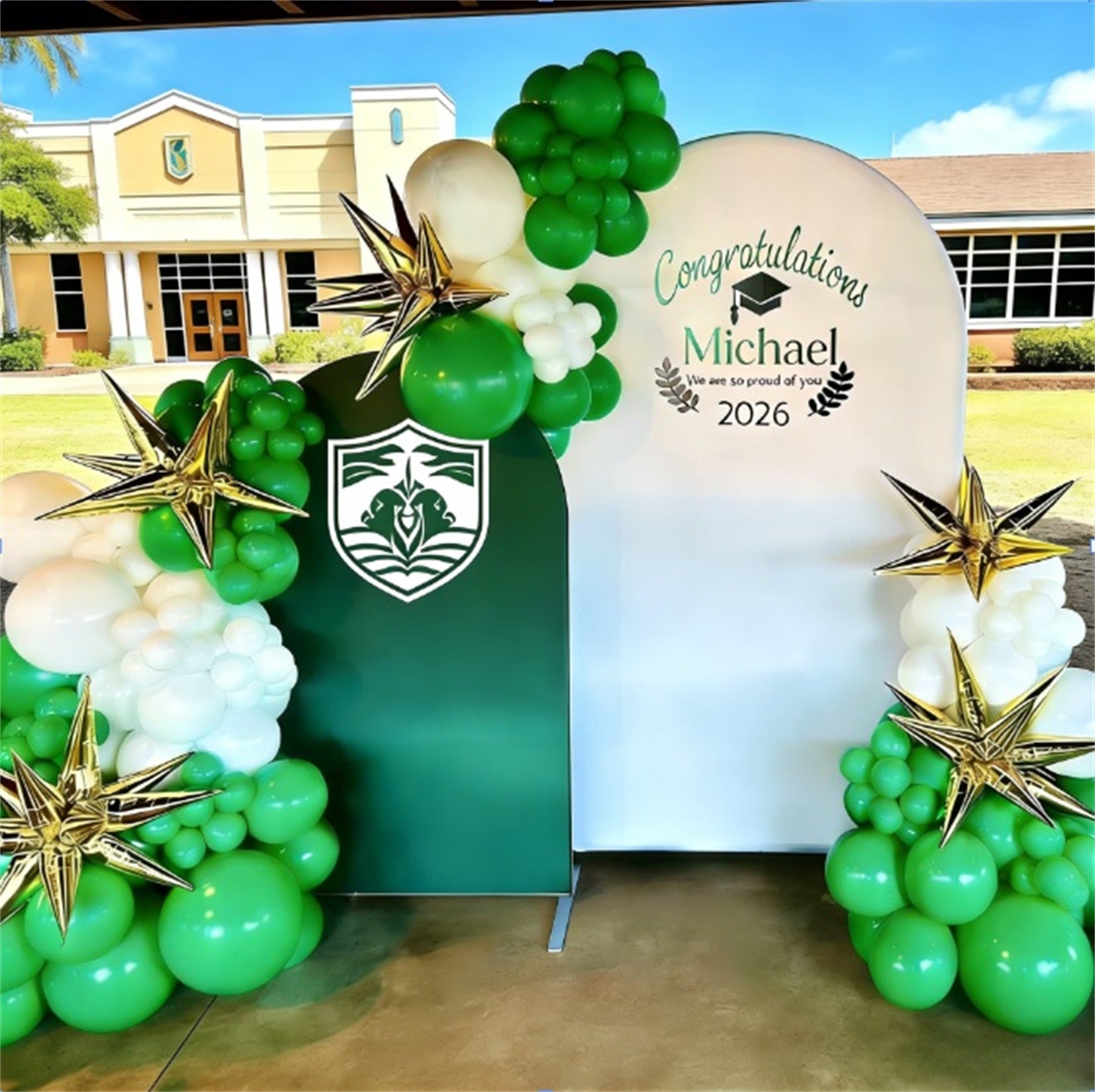 Graduation Backdrop With Picture Green White Dual Arch Custom Graduation Backdrop With Photo LXX64-5