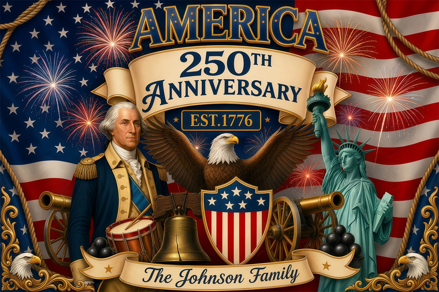 American Flag Backdrop Founding Father Liberty Eagle Emblem Happy 250th Fourth Of July Backdrop LXX64-57