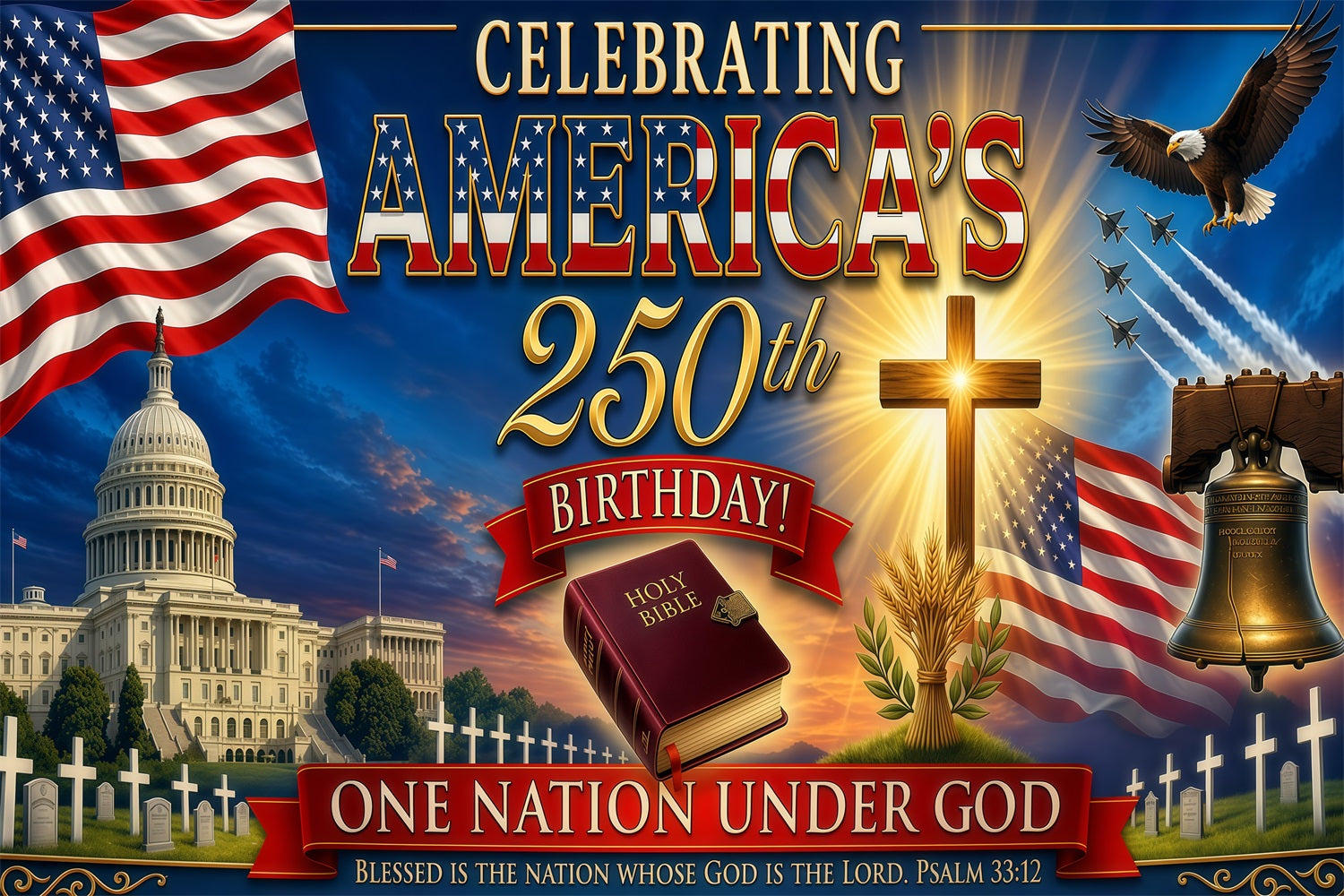 American Flag Backdrop Faith Freedom Capitol Bell Tribute Happy 250th Fourth Of July Backdrop LXX64-60
