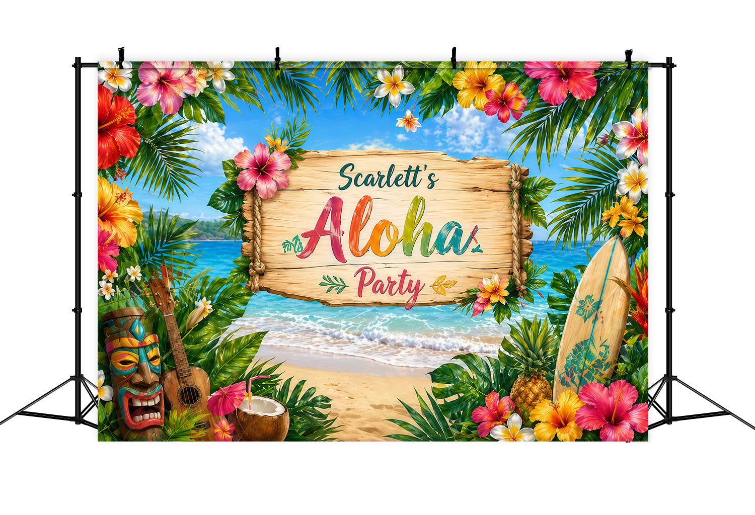 Hawaiian Backdrop Tiki Surfboard Aloha Beach Summer Party Backdrop Ideas LXX64-78