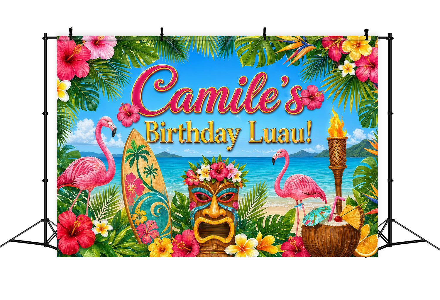 Hawaiian Backdrop Flamingo Tiki Birthday Design Summer Party Backdrop Ideas LXX64-80