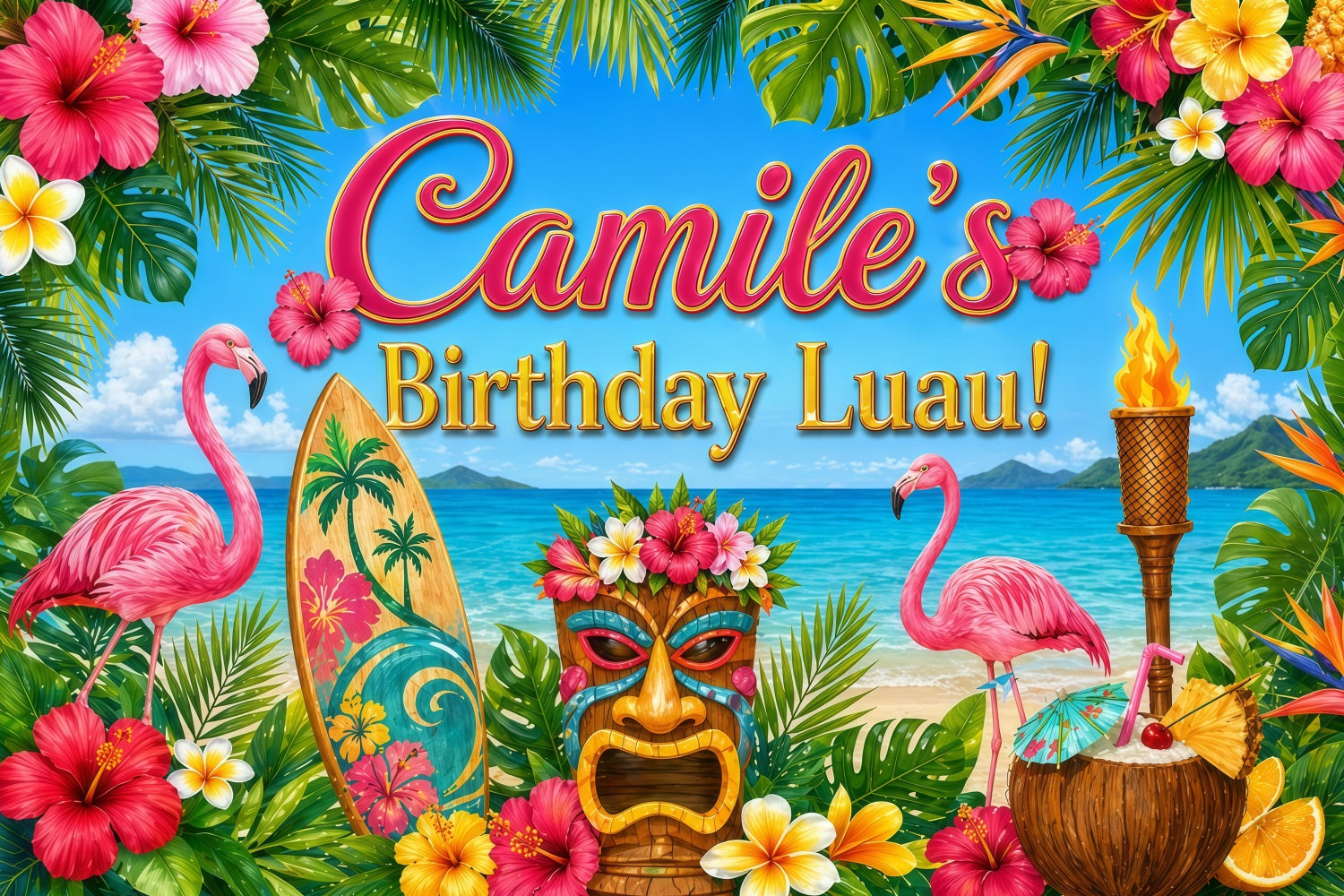 Hawaiian Backdrop Flamingo Tiki Birthday Design Summer Party Backdrop Ideas LXX64-80