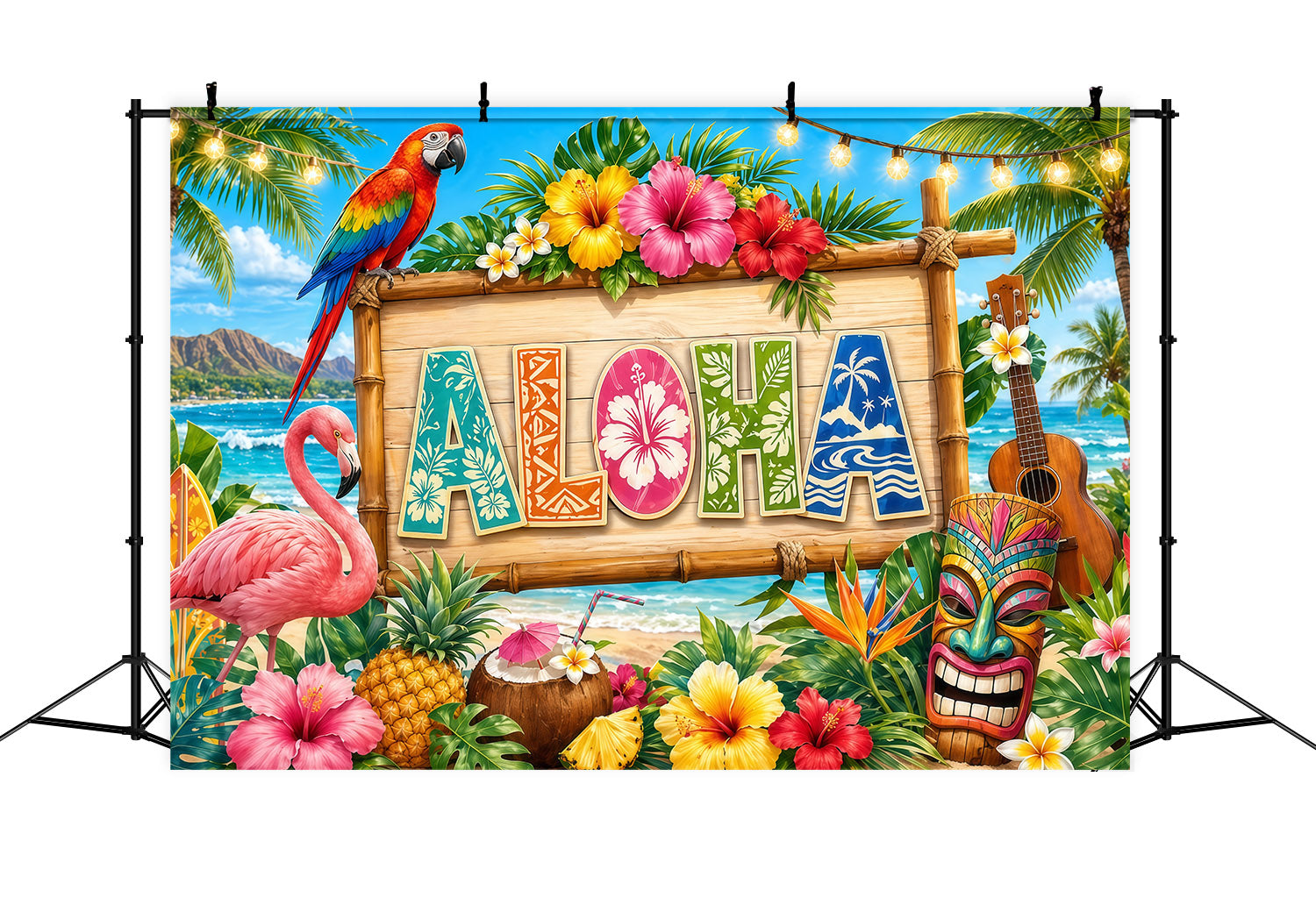 Hawaiian Backdrop Parrot Flamingo Aloha Beach Sign Monstera And Hibiscus Backdrop LXX64-81