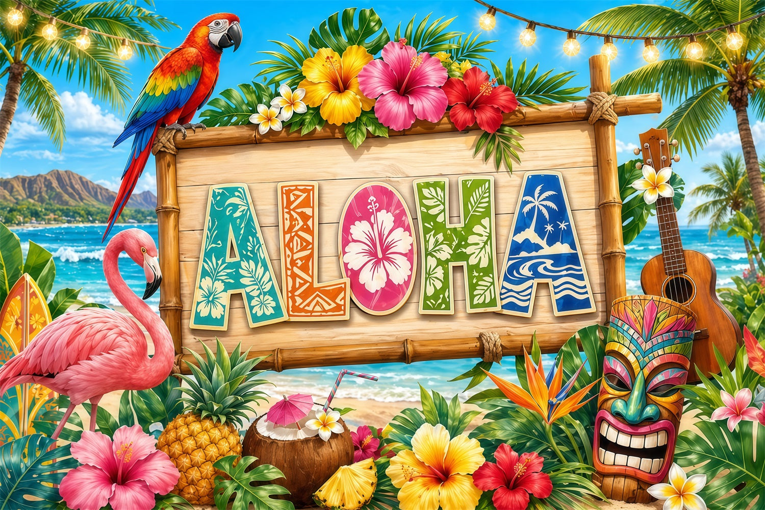 Hawaiian Backdrop Parrot Flamingo Aloha Beach Sign Monstera And Hibiscus Backdrop LXX64-81
