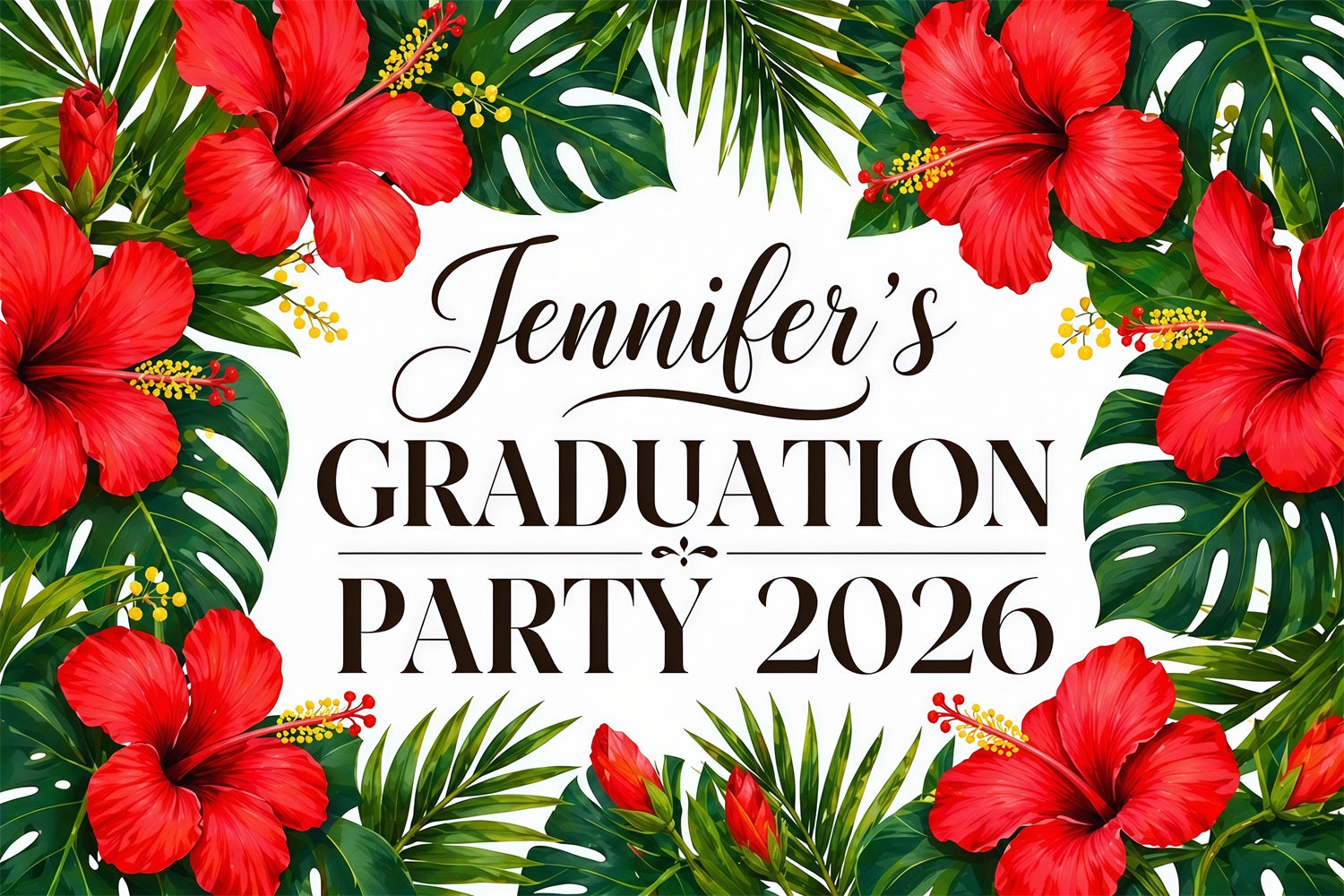 Hawaiian Backdrop Personalized Tropical Hibiscus Hawaiian Graduation Party Backdrop LXX64-82