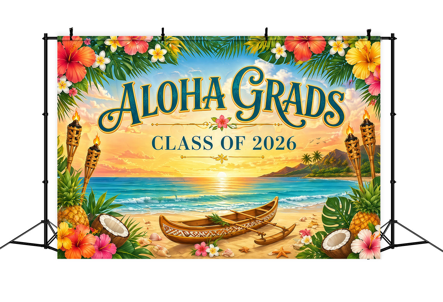 Hawaiian Backdrop Aloha Beach Canoe Beach Sunset Hawaiian Graduation Party Backdrop LXX64-84