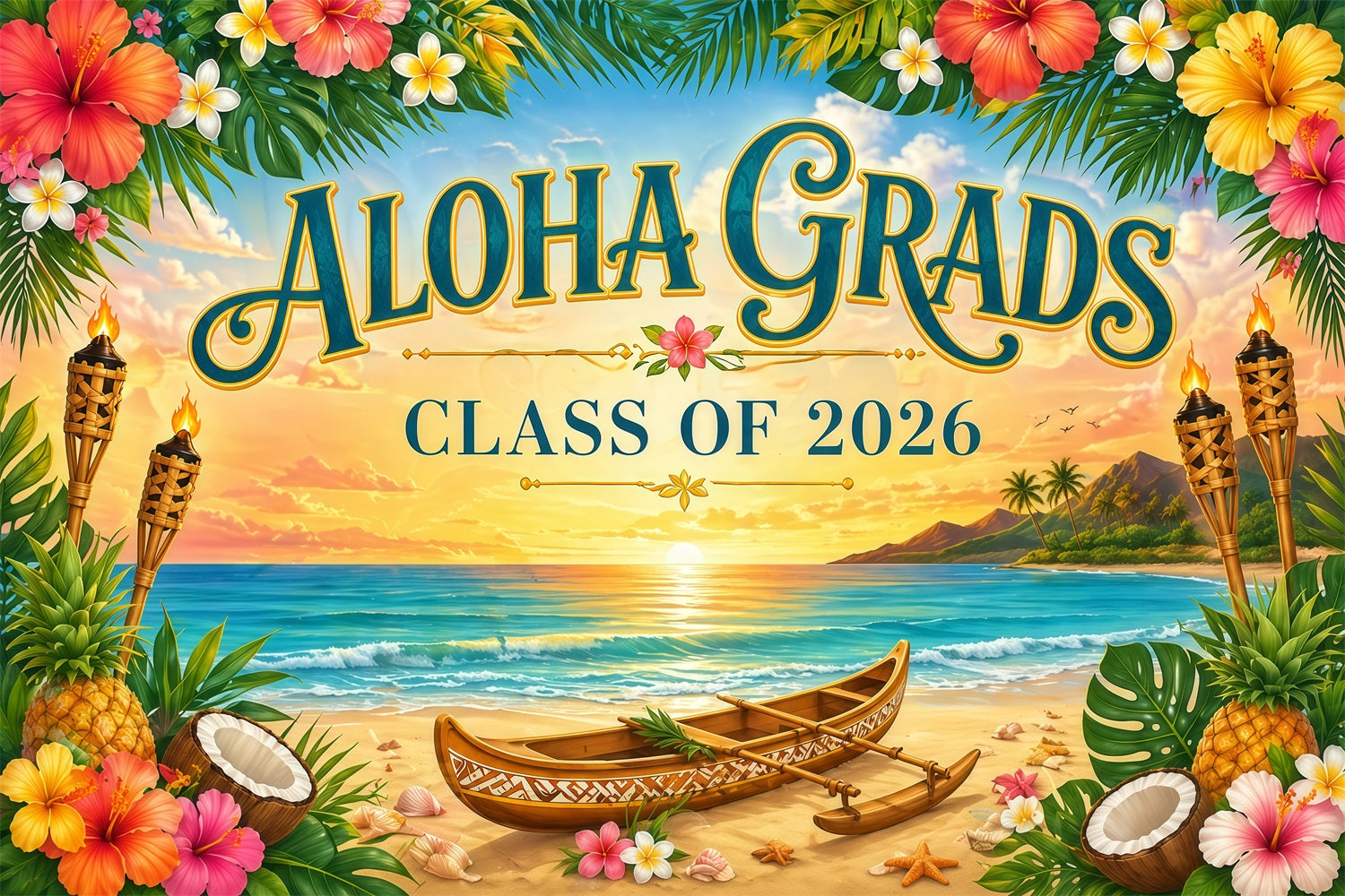 Hawaiian Backdrop Aloha Beach Canoe Beach Sunset Hawaiian Graduation Party Backdrop LXX64-84