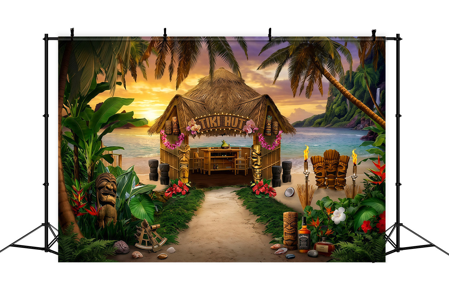 Hawaiian Backdrop Tropical Tiki Hut Beach Luau Tiki Hut Bar Background Banner LXX64-85