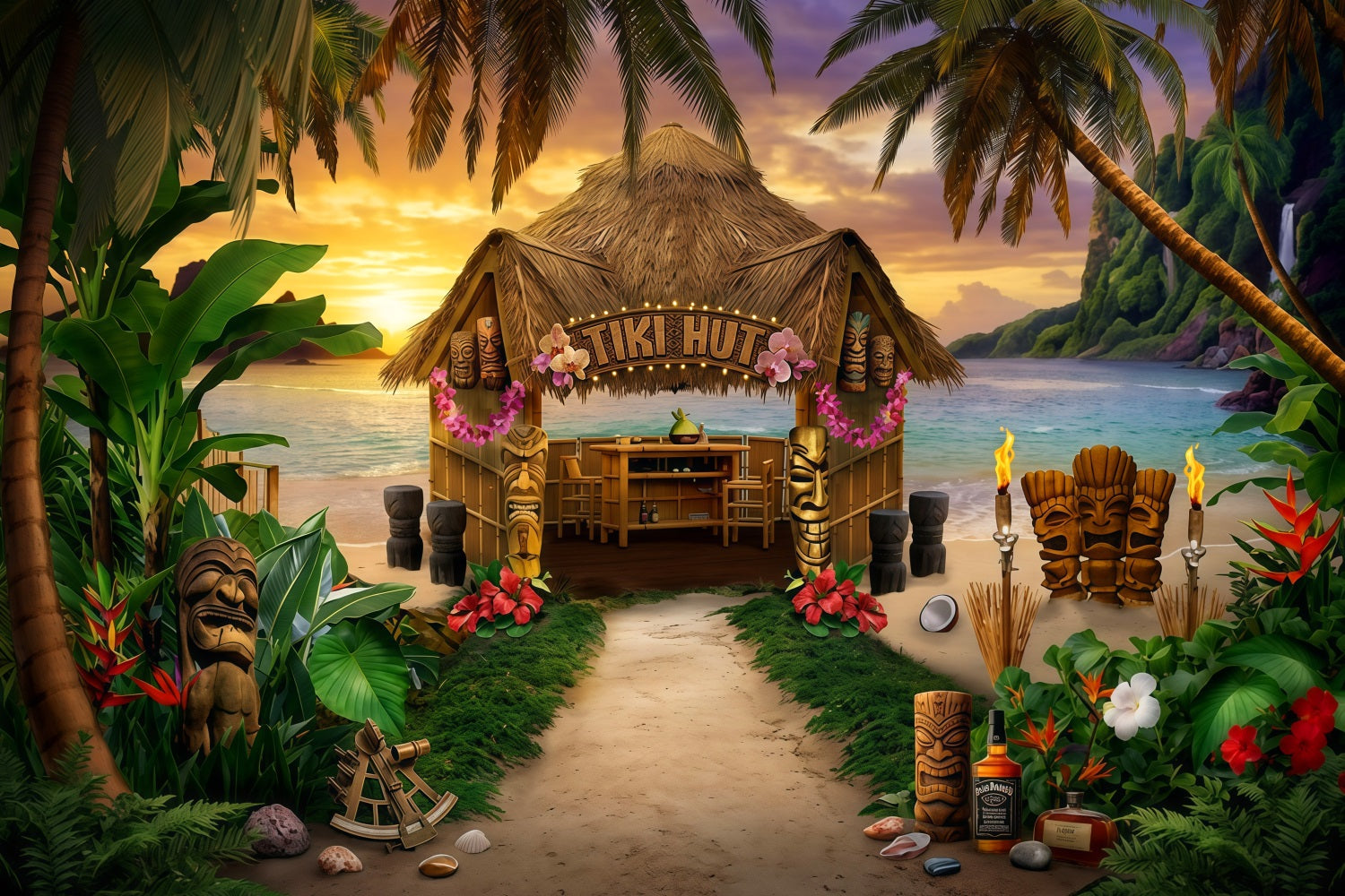 Hawaiian Backdrop Tropical Tiki Hut Beach Luau Tiki Hut Bar Background Banner LXX64-85