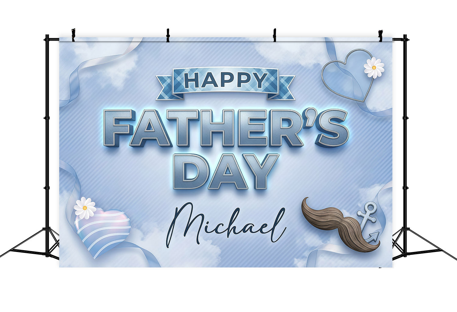 Father's Day Backdrop For Church Blue Ribbon Clouds Mustache Heart Church Backdrops LXX64-88