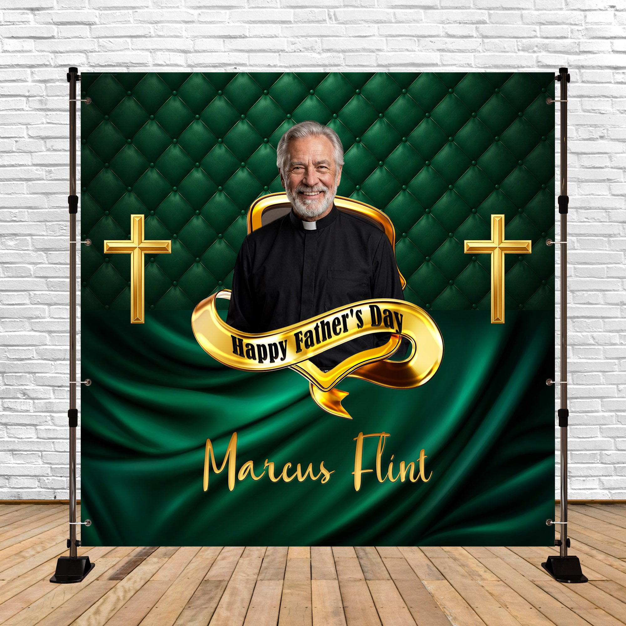 Father's Day Backdrop For Church Emerald Quilted Priest Gold Crosses Church Backdrop LXX64-89