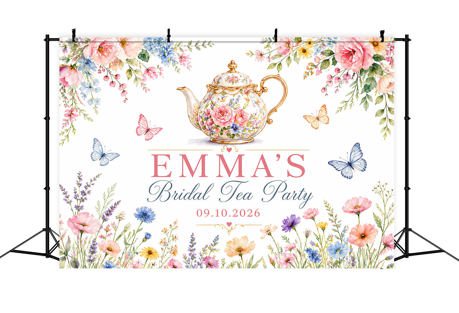 Tea Party Backdrop Floral Porcelain Teapot Butterfly Garden Tea Party Photo Backdrop LXX64-90