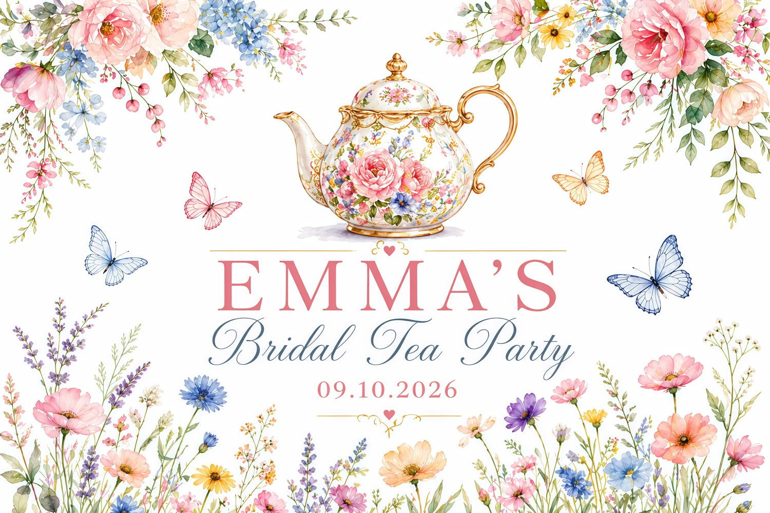 Tea Party Backdrop Floral Porcelain Teapot Butterfly Garden Tea Party Photo Backdrop LXX64-90