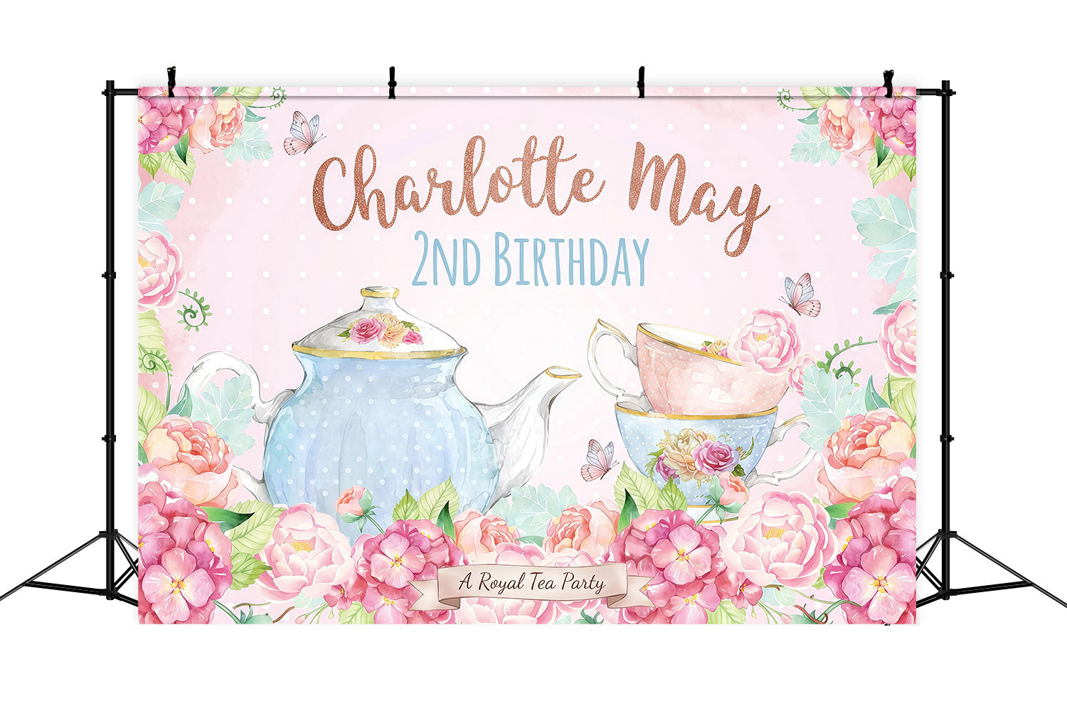 Tea Party Backdrop Pink Polka Dot Teapot Roses Tea Party Backdrops LXX64-91