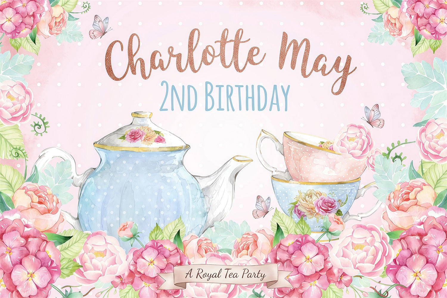 Tea Party Backdrop Pink Polka Dot Teapot Roses Tea Party Backdrops LXX64-91