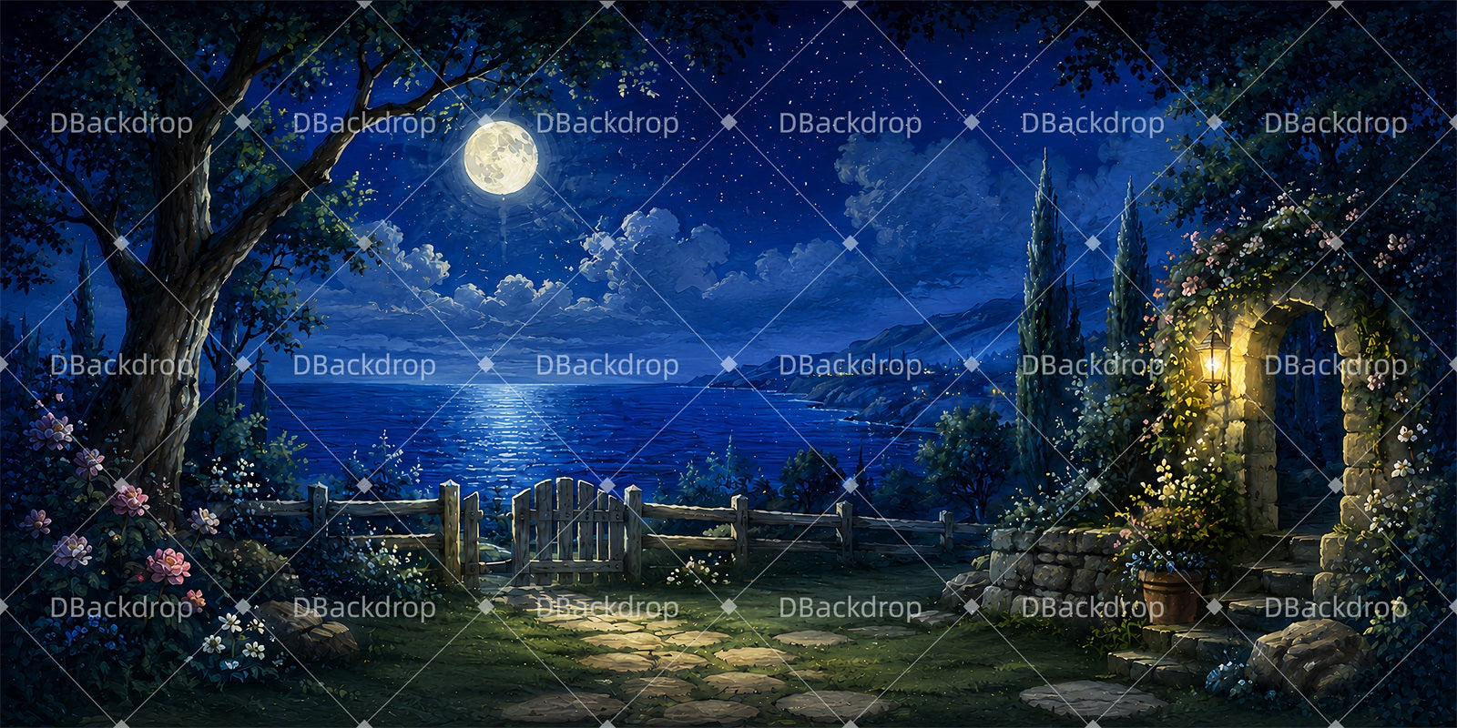 Stage Backdrop Moonlit Seaside Garden Theater Backdrops For Sale LXX65-T43