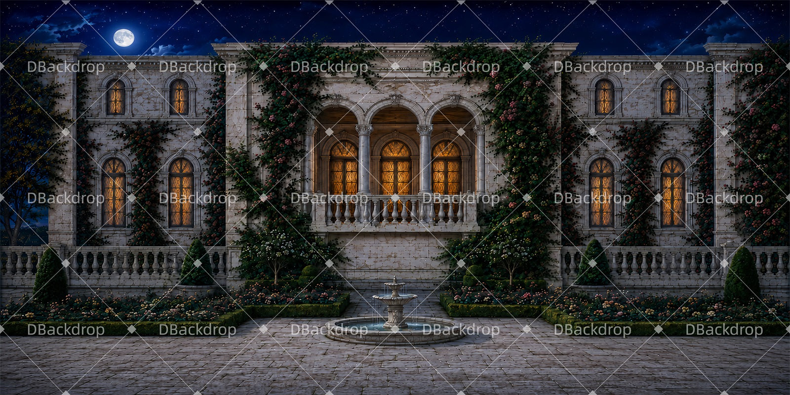 Movie Theater Backdrop Moonlit Manor Courtyard Performance Backdrop LXX65-T77