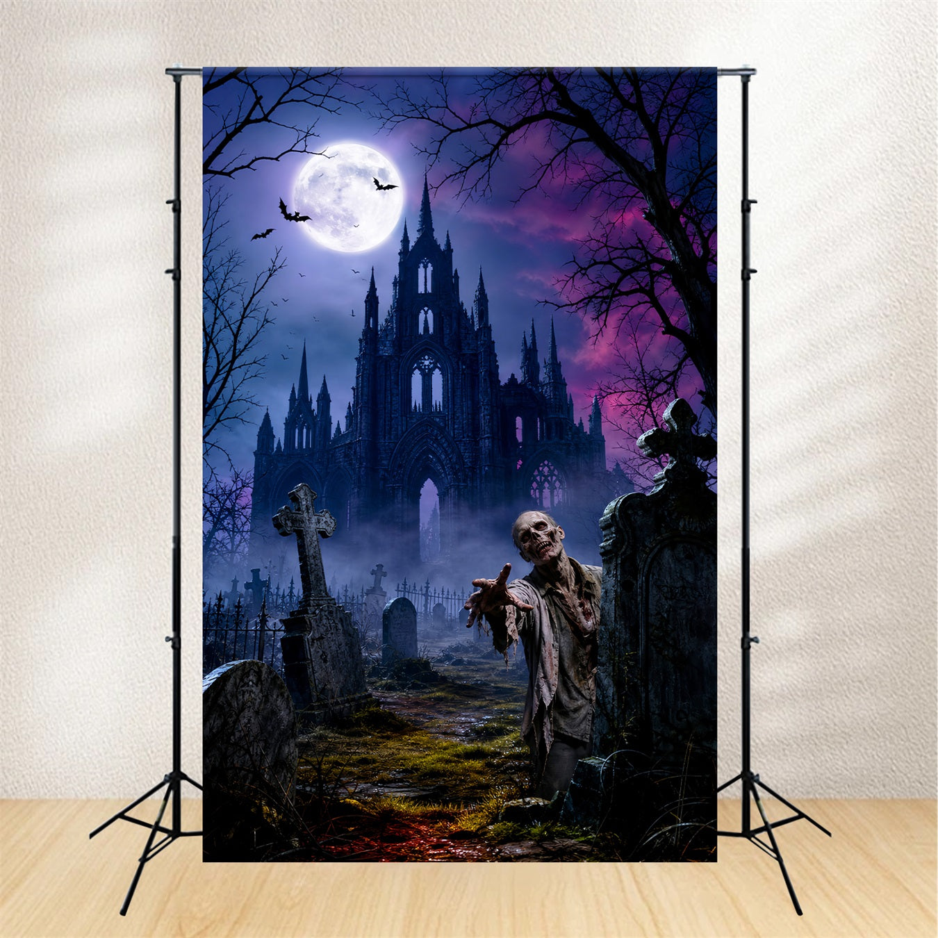Halloween Party Picture Backdrop Moonlit Castle Zombie Graveyard Halloween LXX67-1