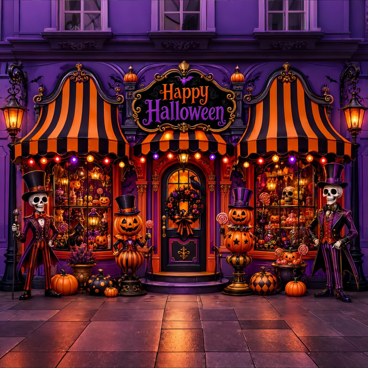 Halloween Backdrop Ideas DIY Skeleton Pumpkin Candy Shop Purple Halloween Backdrop LXX67-100