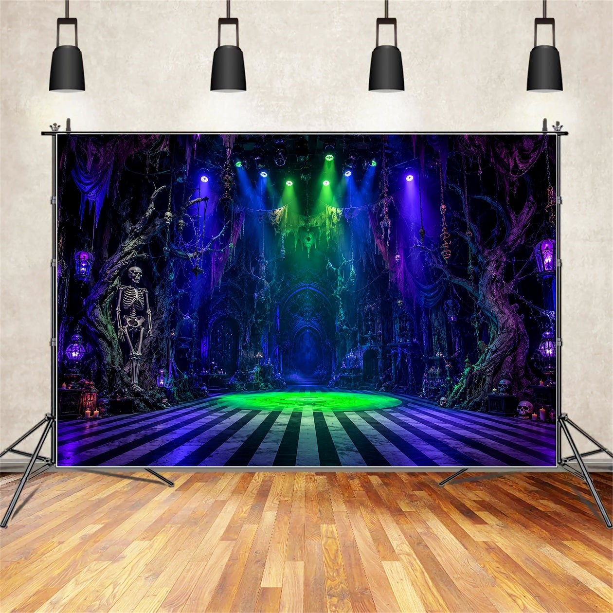 Halloween Party Photo Backdrop Ideas Skeleton Haunted Hall Spotlight Creepy Halloween Backdrop LXX67-101