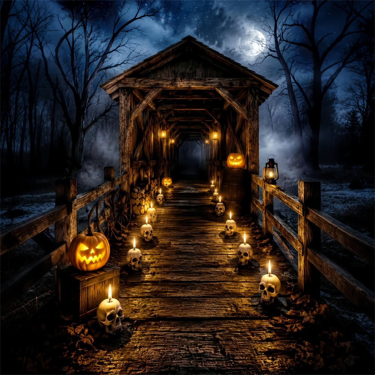 Halloween Outdoor Backdrop Skull Candle Covered Bridge Halloween Backdrops For Photos LXX67-11