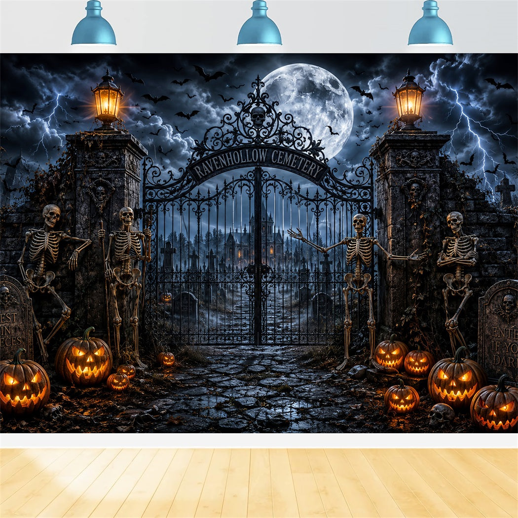 Outdoor Halloween Backdrop Stormy Skeleton Cemetery Gate Spooky Halloween Backdrop LXX67-116