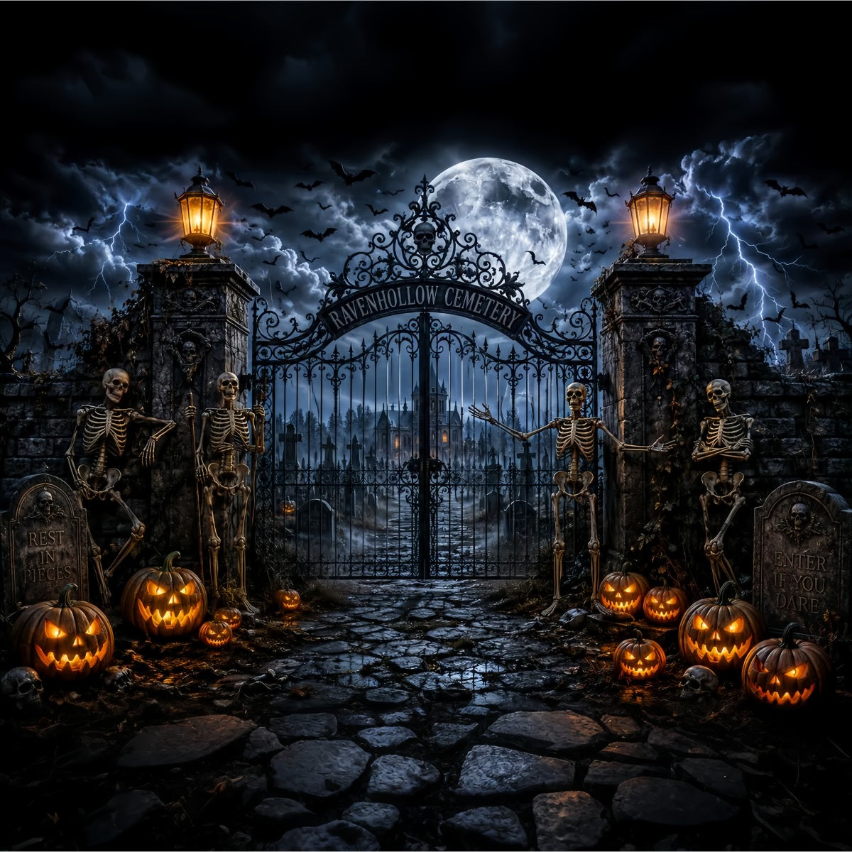 Outdoor Halloween Backdrop Stormy Skeleton Cemetery Gate Spooky Halloween Backdrop LXX67-116