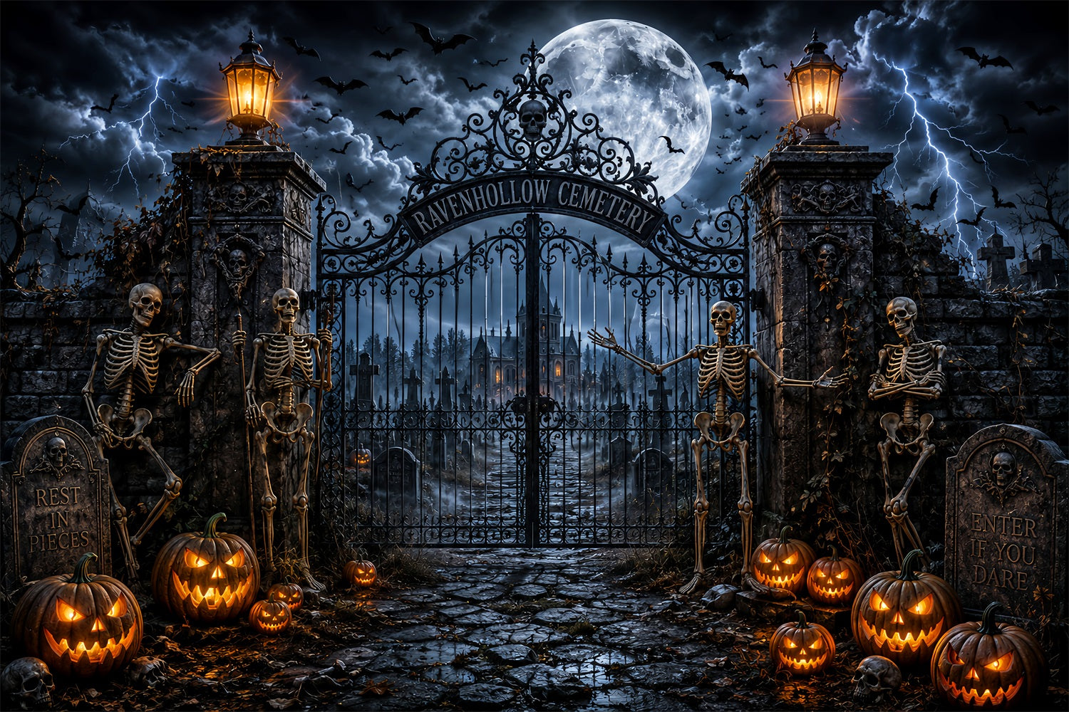Outdoor Halloween Backdrop Stormy Skeleton Cemetery Gate Spooky Halloween Backdrop LXX67-116