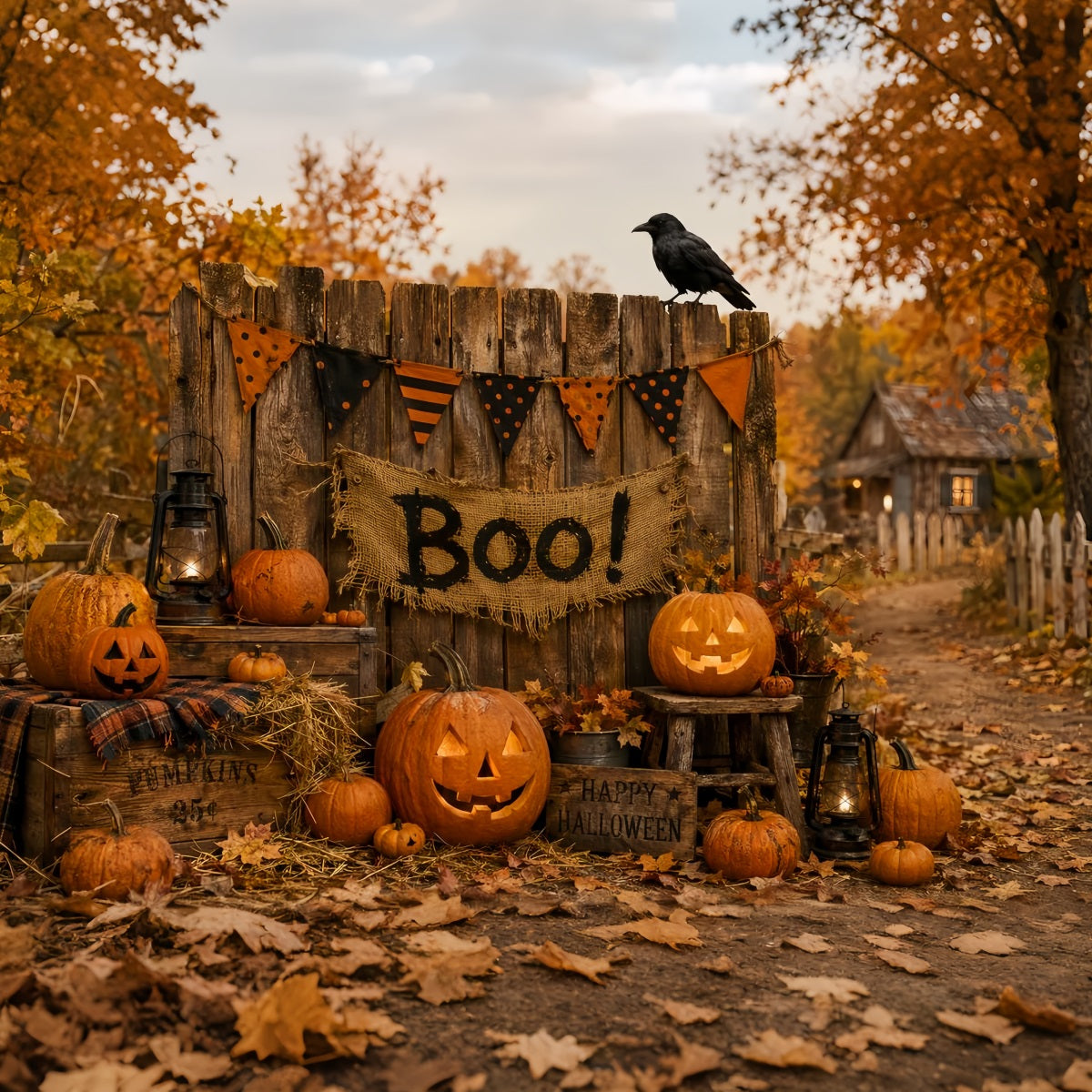 Halloween Backdrop For Photo Booth Rustic Boo Pumpkin Fence Cute Halloween Backdrop LXX67-118
