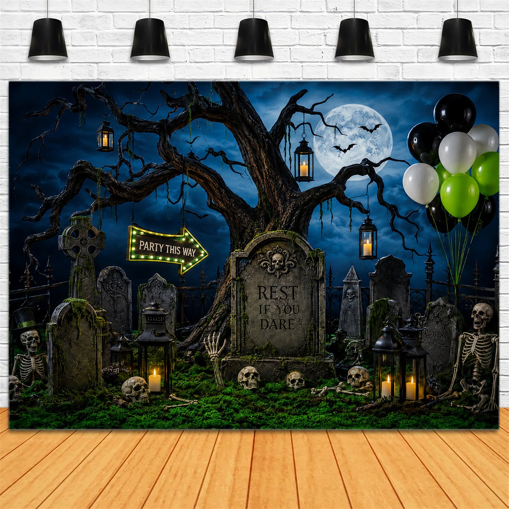 Custom Halloween Backdrop Moonlit Graveyard Skeleton Party Halloween Graveyard Backdrop LXX67-124