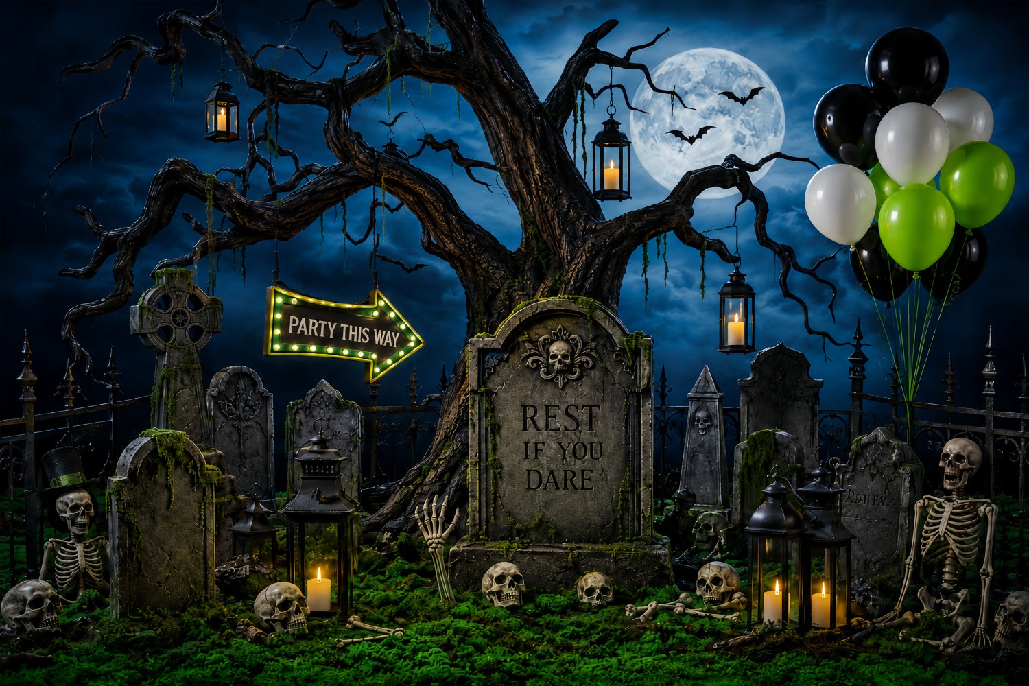 Custom Halloween Backdrop Moonlit Graveyard Skeleton Party Halloween Graveyard Backdrop LXX67-124