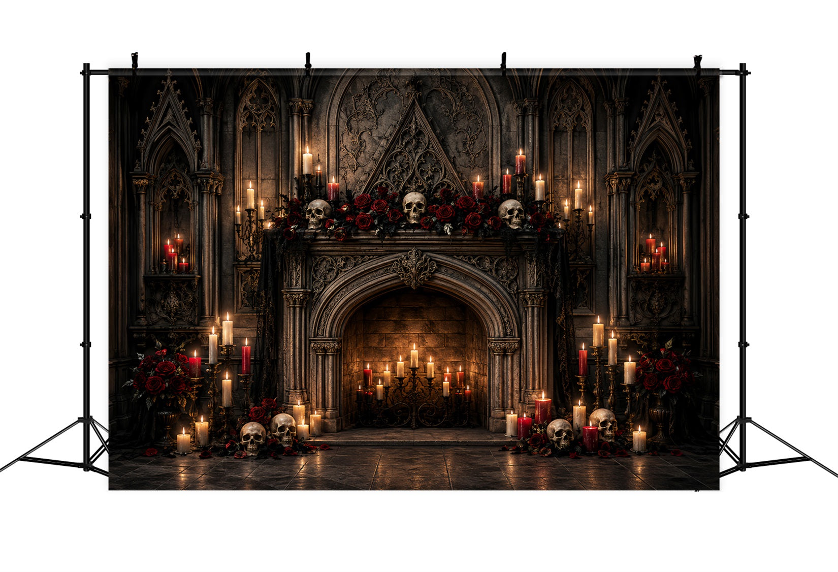 Photo Booth Halloween Backdrop Ideas Gothic Skull Candle Fireplace Halloween Picture Backdrop LXX67-125
