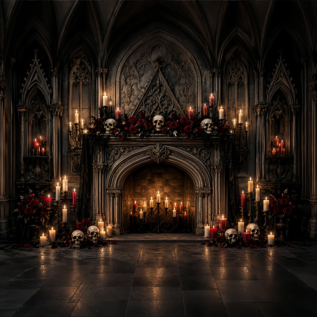 Photo Booth Halloween Backdrop Ideas Gothic Skull Candle Fireplace Halloween Picture Backdrop LXX67-125