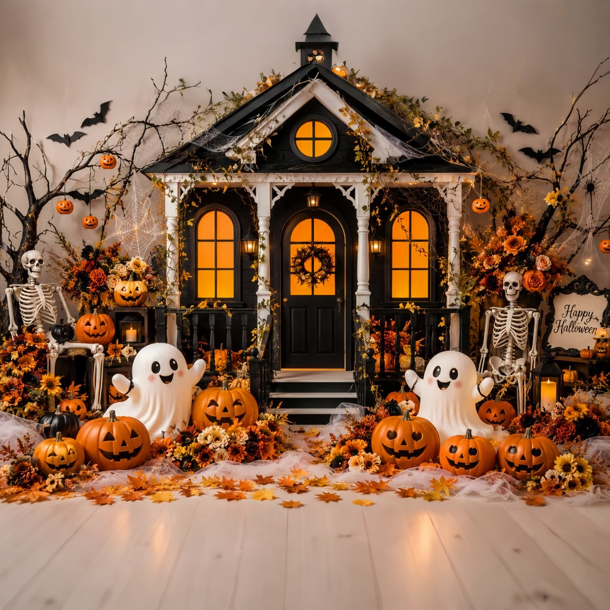 Fall Halloween Backdrop Cute Ghost Pumpkin Porch Scary Halloween Backdrops LXX67-127