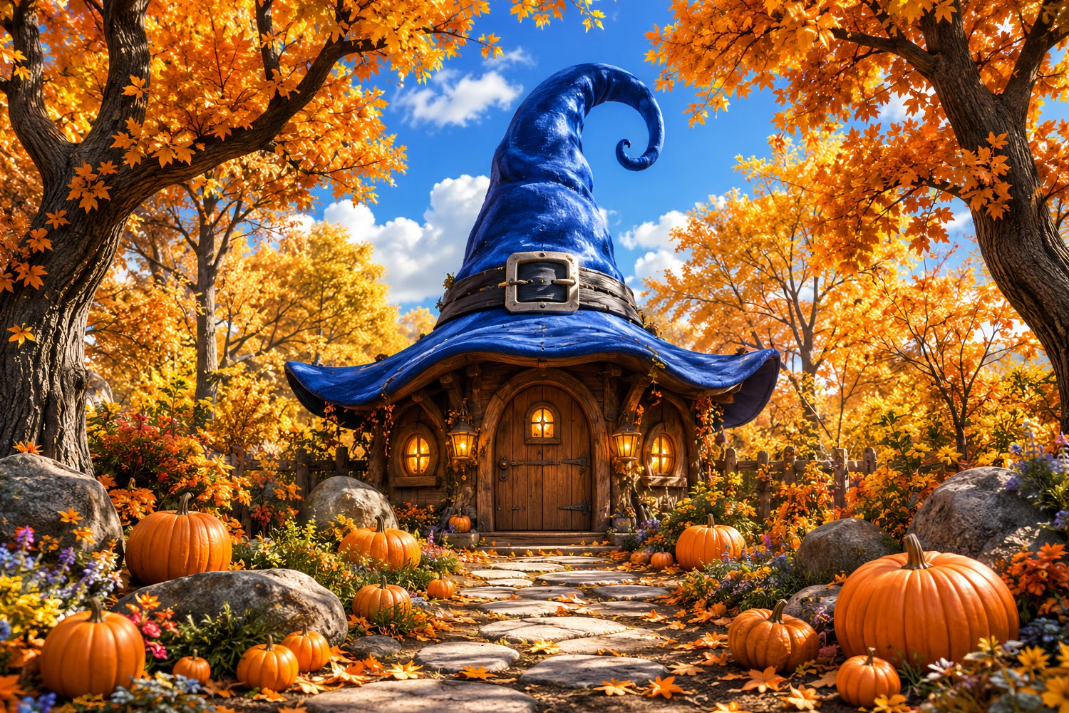 Halloween Cardboard Backdrops Autumn Witch Hat Cottage Halloween Photography Backdrop LXX67-129