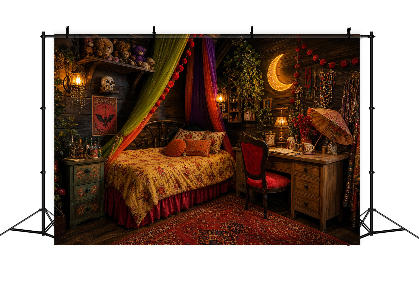 Cute Halloween Photo Backdrop Bohemian Witch Bedroom Moonlight Backdrop Halloween LXX67-13