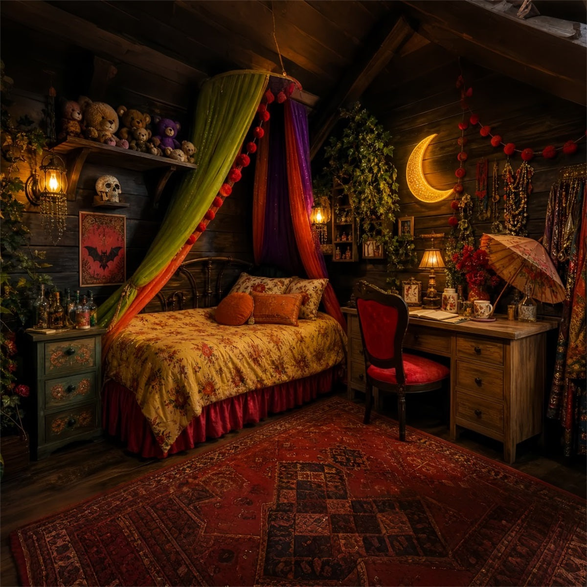 Cute Halloween Photo Backdrop Bohemian Witch Bedroom Moonlight Backdrop Halloween LXX67-13