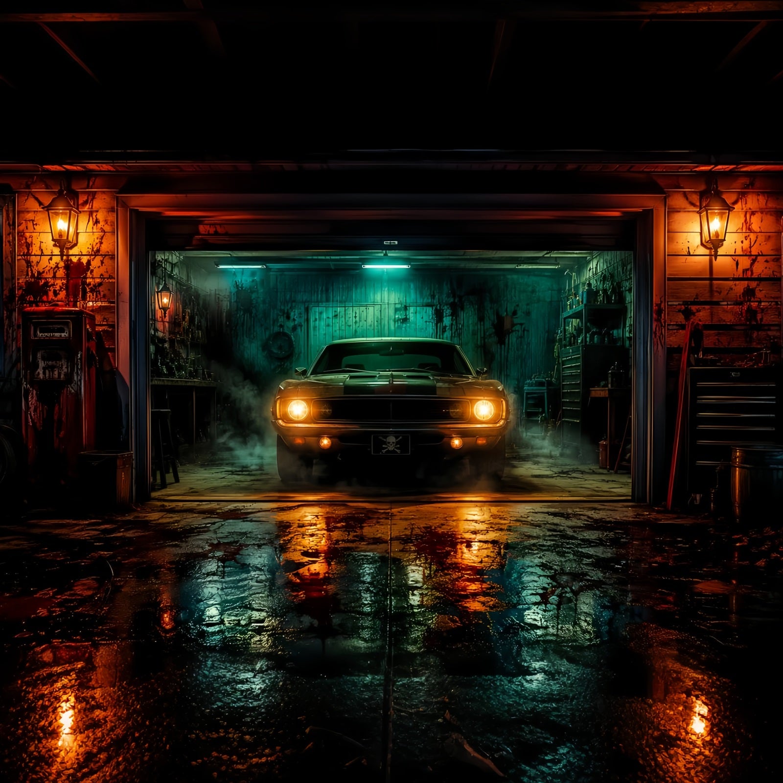 Halloween Garage Backdrop Haunted Muscle Car Barn Backdrops For Halloween LXX67-134