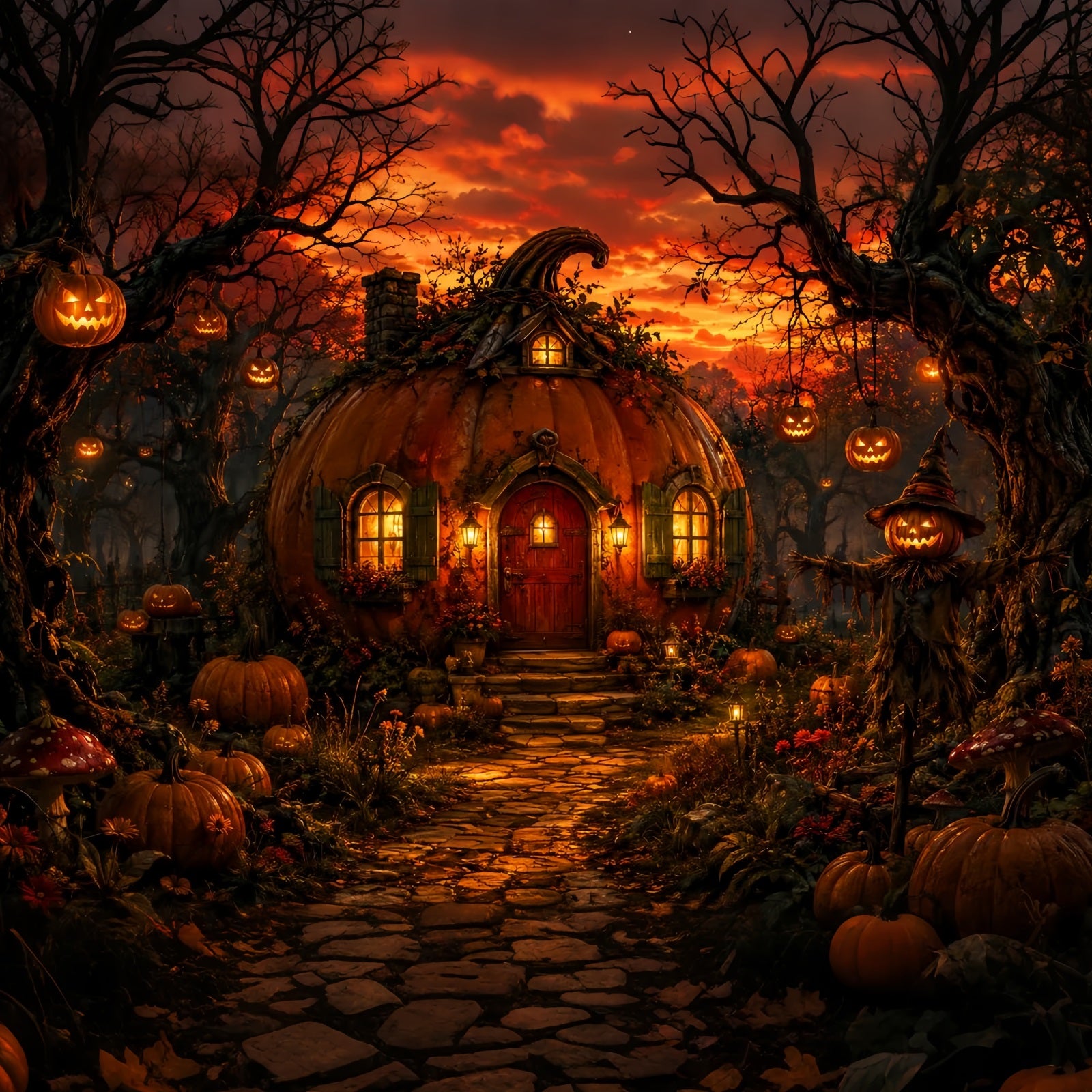 Halloween House Backdrop Pumpkin Cottage Forest Sunset Halloween Cemetery Backdrop LXX67-136