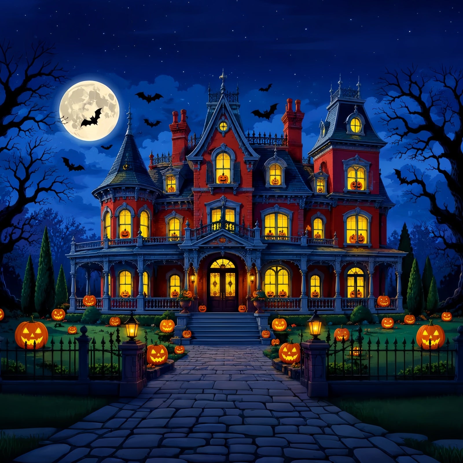 Halloween Backdrop Photo Booth Moonlit Pumpkin Manor Garden Backdrops Halloween LXX67-143