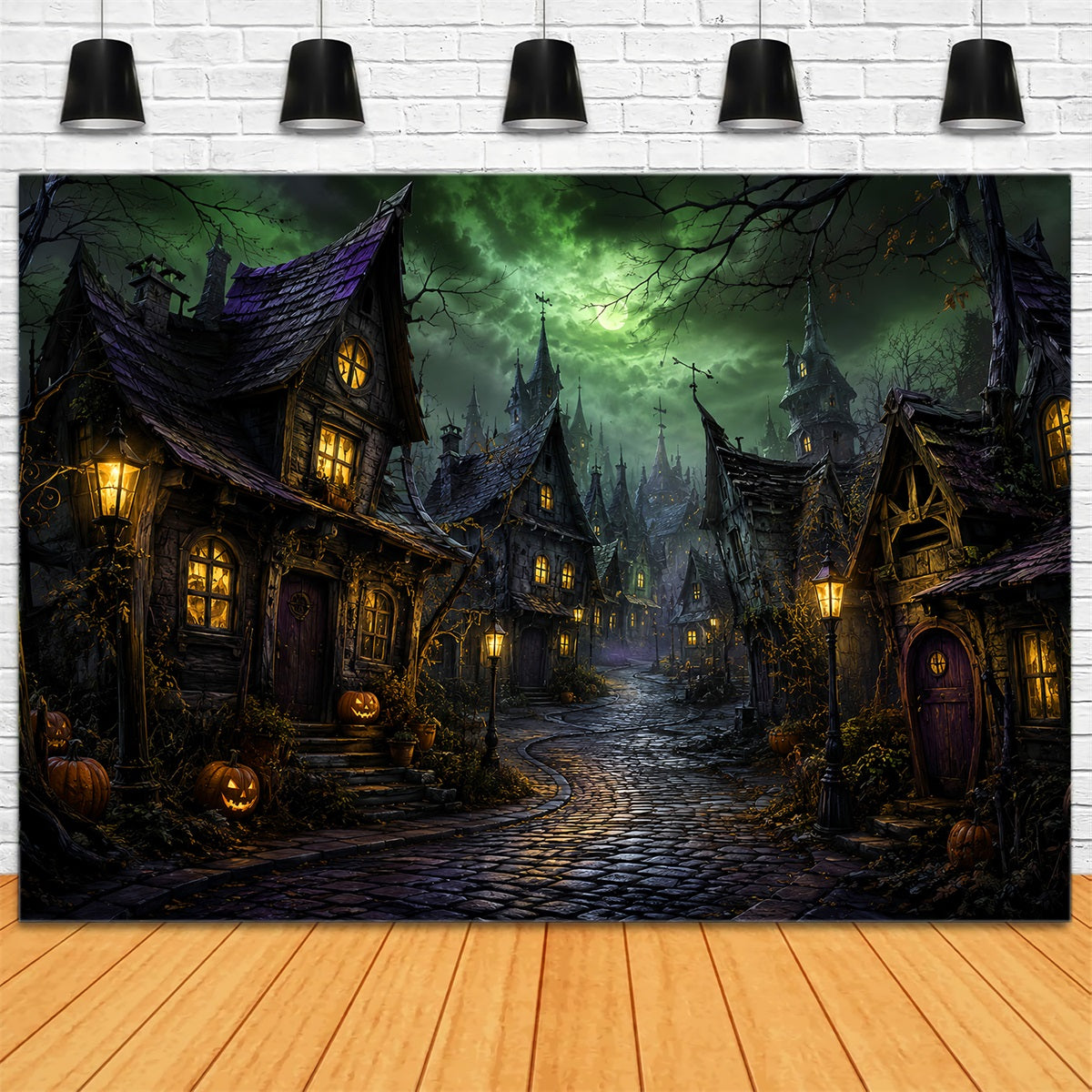 Photography Backdrops Halloween Green Moon Crooked Village Halloween Town Backdrop LXX67-146