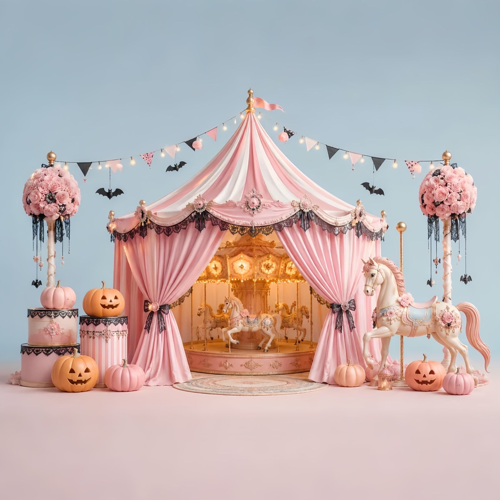 Halloween Backdrops For Pictures Pink Carousel Pumpkin Tent Halloween Circus Backdrop LXX67-148