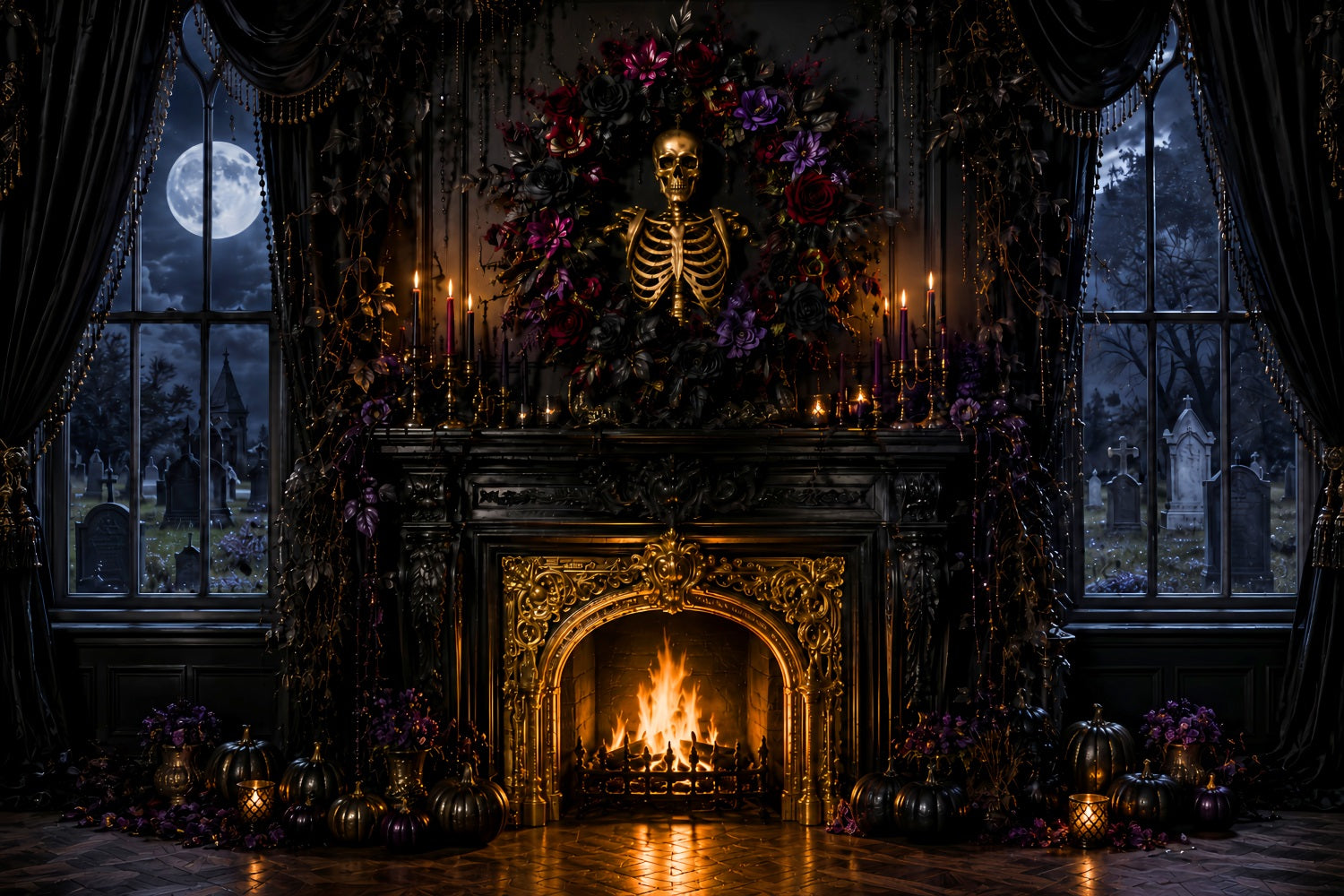 Halloween Backdrop Photography Skeleton Floral Gothic Fireplace Halloween Scary Backdrop LXX67-151